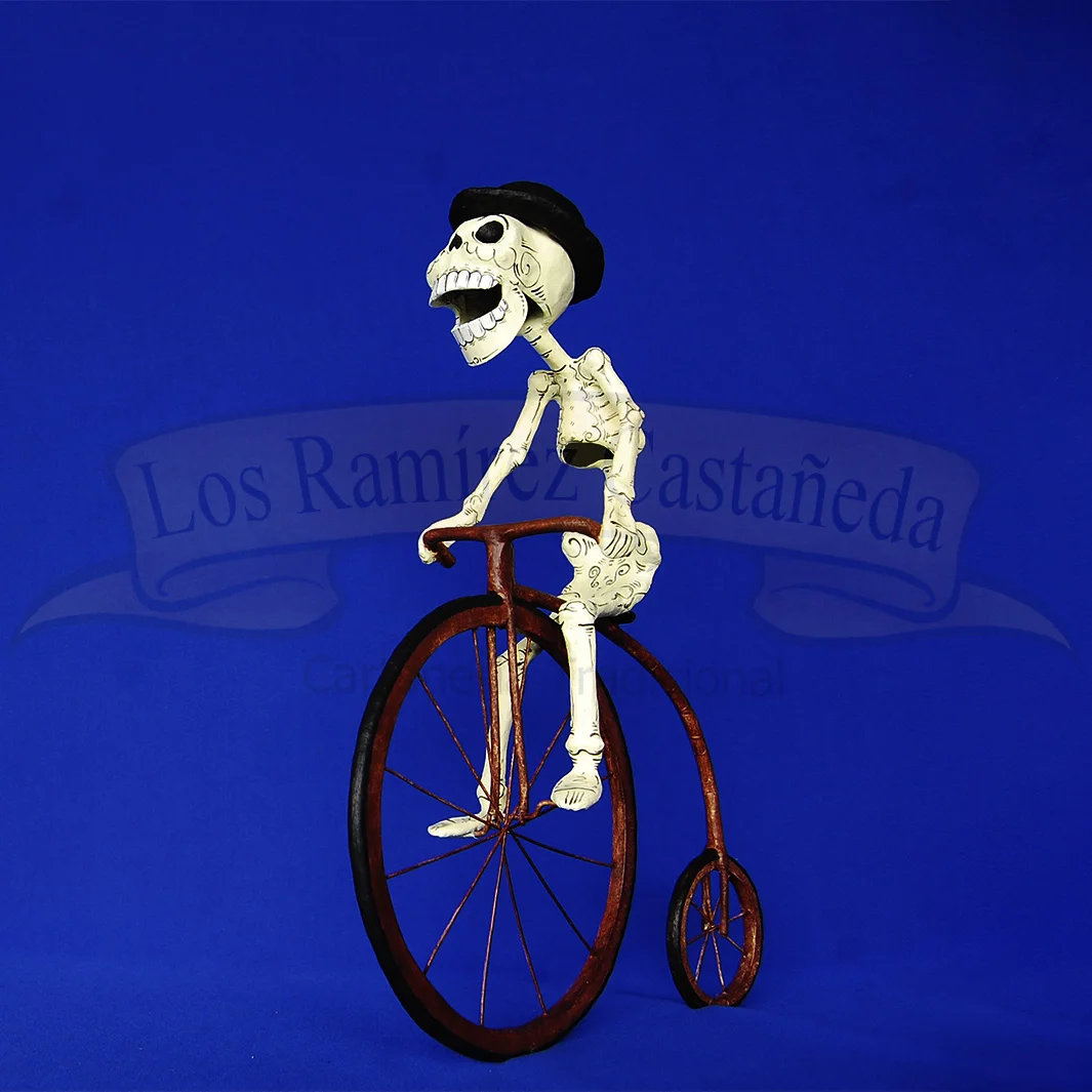 calavera sobre una una bicicleta antigua, velocípedo